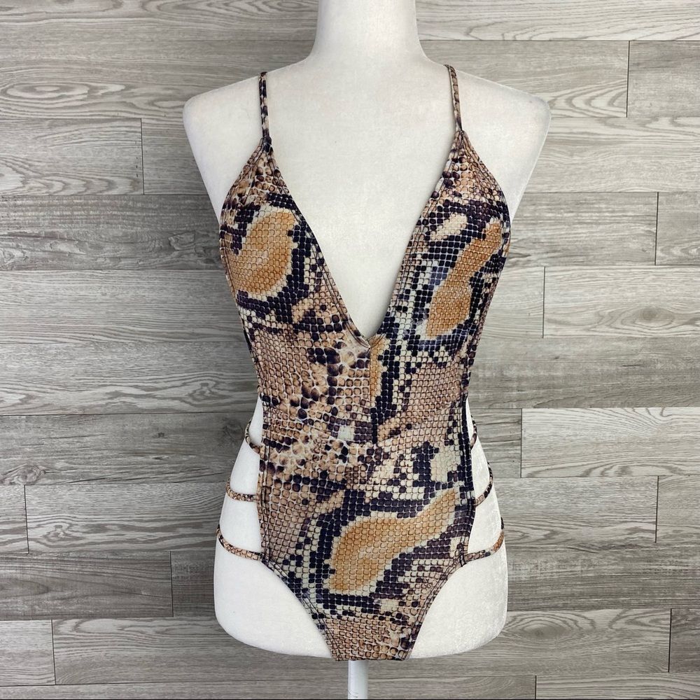 Snake Print Deep V Open Side/Back Bathing Suit - image 3